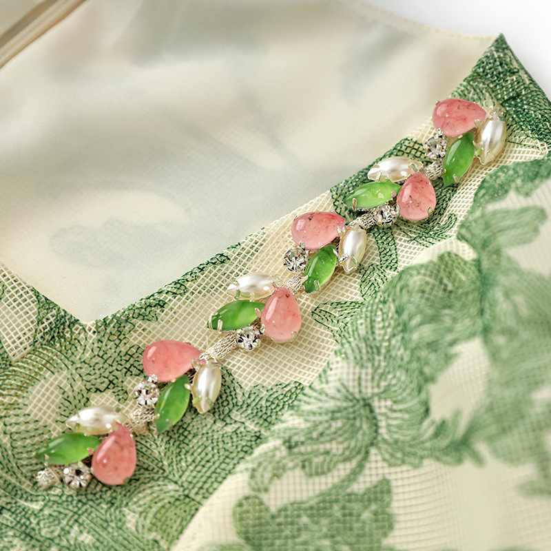 2023 Summer GreenFloral Print Dress Manga Curta Decote Quadrado Midi Vestidos Casuais W3L046310