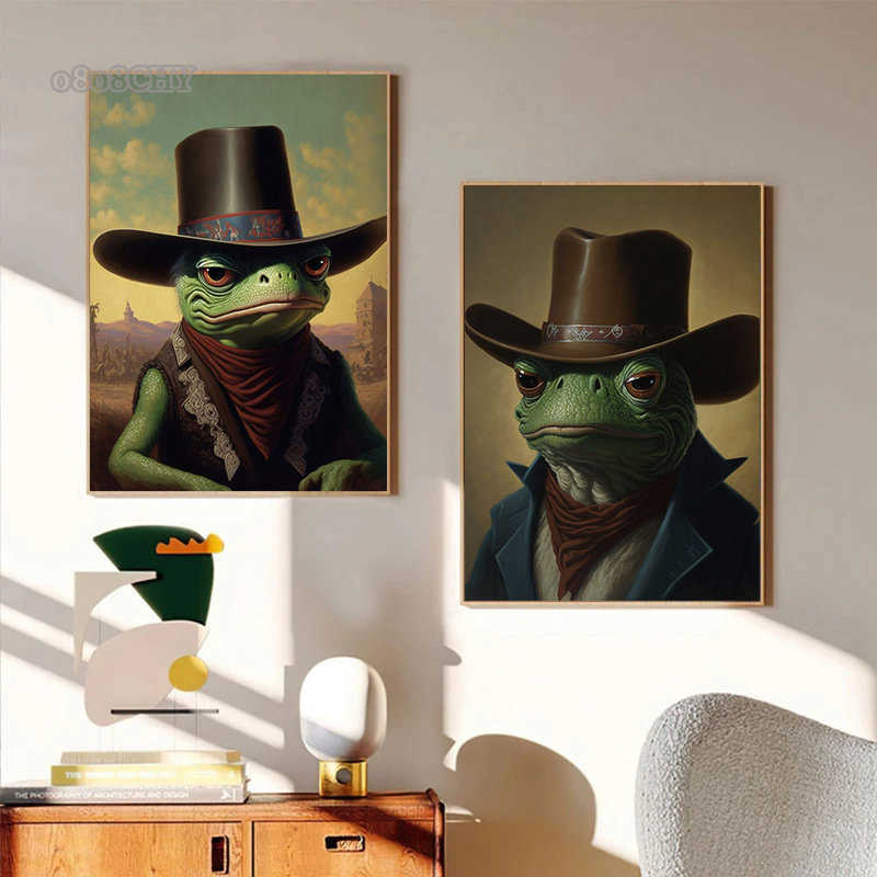 Lustige Tierfrösche Porträt Poster und Drucke Wandkunst Bilder Lachender Cowboy Frosch Leinwand Malerei Cuadros Home Decor Wandbild L230620