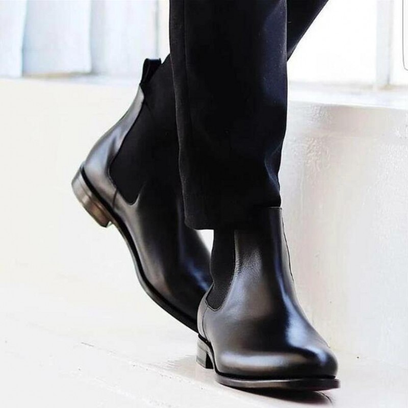 Men Chelse Boots Cow Leather Black Harness Slip on Gentlemen Winter Punk Style Riding Boots