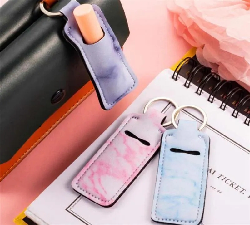 Neopren Chapstick Holder Favor Caipstick Cover Cover Portable Bals Holders Siet Marmbel Style Klucz RTS Keyrings Prezentacje