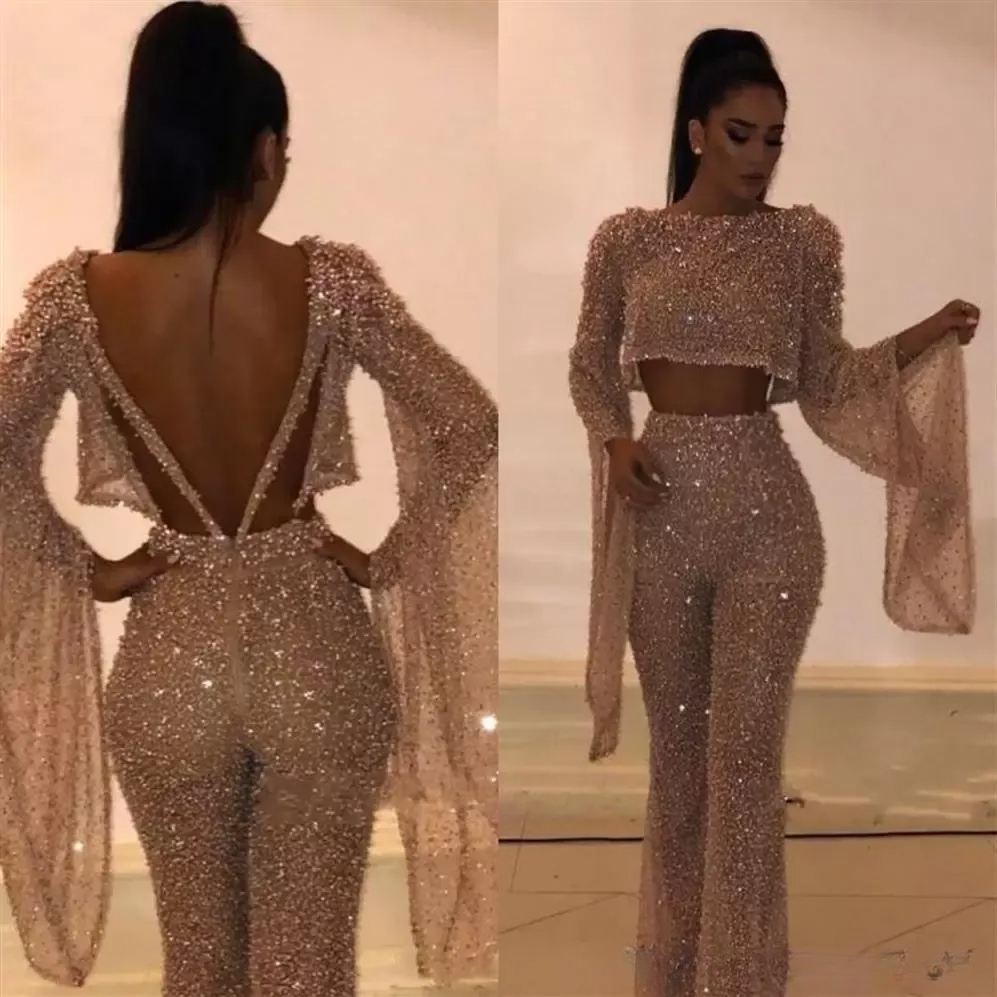 Sparkly paljetter Tvådelade aftonklänningar Jumpsuit designer rygglösa långa ärmar golvlängd prom klänning formellt slitage plus siz