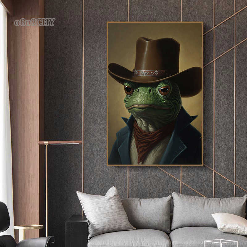 Funny Animal Frogs Portrait Posters and Prints Wall Art Pictures Laughing Cowboy Frog Canvas Painting Cuadros Home Decor Mural L230620