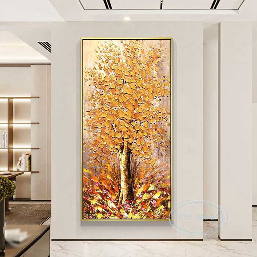 Abstract Golden Fortune Tree 3D Texture Art Poster Handmade Oil Painting Wall Decor Picture Home Hotel Restaurant Custom Mural L230620