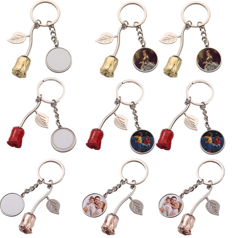 Bag Parts Sublimation DIY White Blank Zinc Alloy Rose Flower Keychains Mix Color