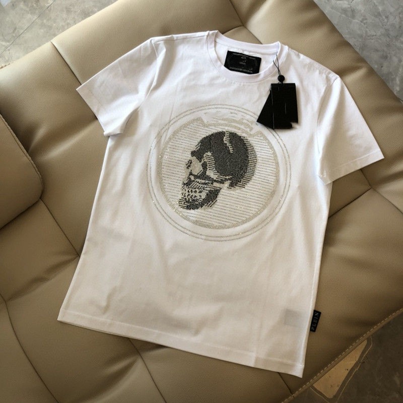 T-shirt de manga curta em PP europeu Alemanha Hot Diamond Skull casual gola redonda manga curta t-shirt solta masculina Big Guy moda versátil