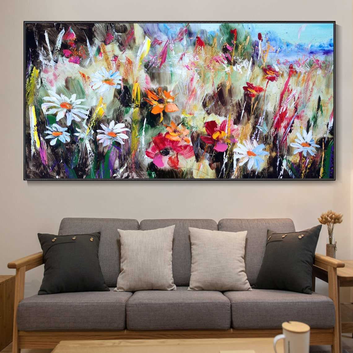 Blühende bunte Blumentextur handgemaltes Ölgemälde Boho Blumenlandschaft großes Wanddekor Wandbild Wandkunst für Heimdekoration L230620