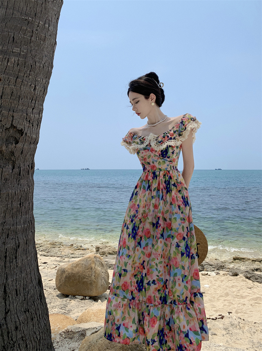 Women's beach vacation painting flowers print ruffles collar high waist maxi long dress SMLXL