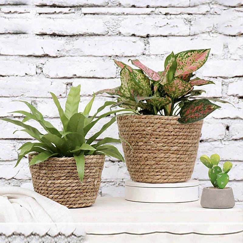 Jardinières Pots Paille Tissage Fleur Plante Pot Panier Herbe Planteur Panier Intérieur Extérieur Pot De Fleur Couverture Conteneurs pour Plantable Décoration R230620