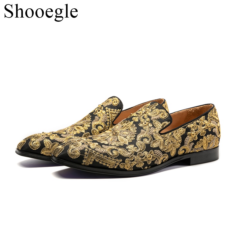 Mode Mannen Handgeborduurde Canvas Casual Schoenen Stud Crystal Gold Schoenen Borduurwerk Schoenen Comfort Mannen Loafers Bloemen Flats