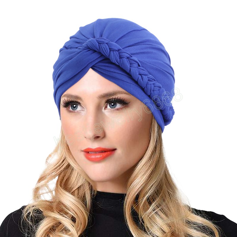 Donne musulmane Turbante Bohemian Twist Style Briaded Headwrap Soild Color Bandana elastica da donna Hijab Soft Foulard Chemio Cap