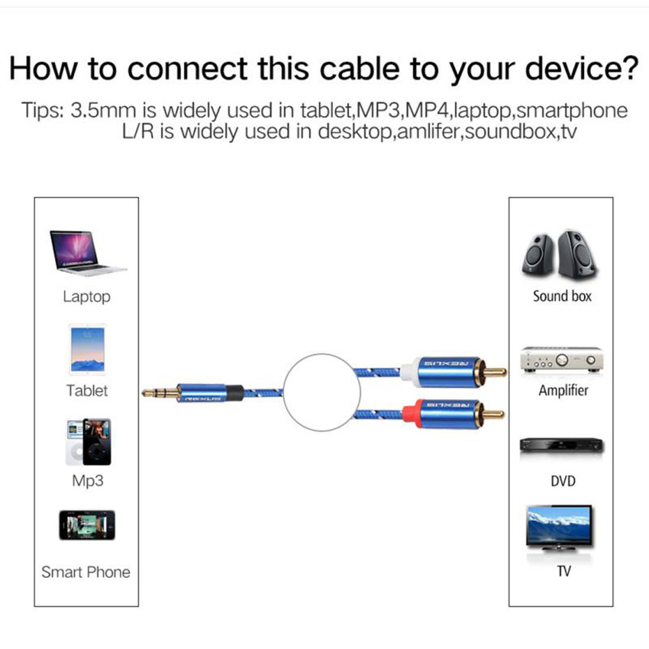 3.5mm to 2RCA Audio Cables Braid Auxiliary Adapter Stereo 3.5 mm Splitter Cable AUX RCA Y Cord for Smartphone Speakers Tablet HDTV 1.8M 3M 5M 10M