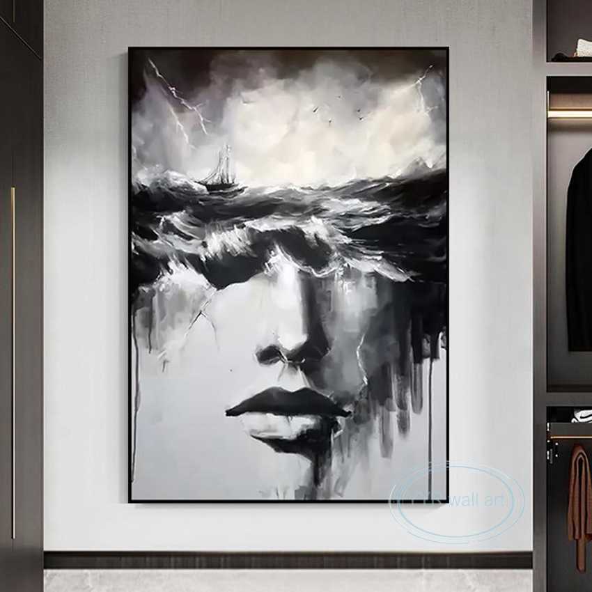 Wysokiej jakości ręcznie robiony obraz olejny czarny biały streszczenie sztuka figura dekoracje ścienne plakat nowoczesny luksusowy dom estetyki duży mural l230620