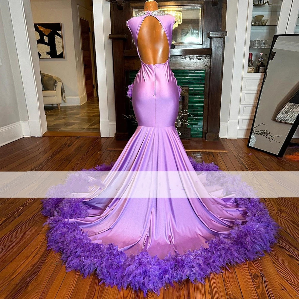 Sexy Purple Prom Dress For Black Girls Beaded Crystal Birthday Party Dresses With Feathers Occasion Evening Gowns