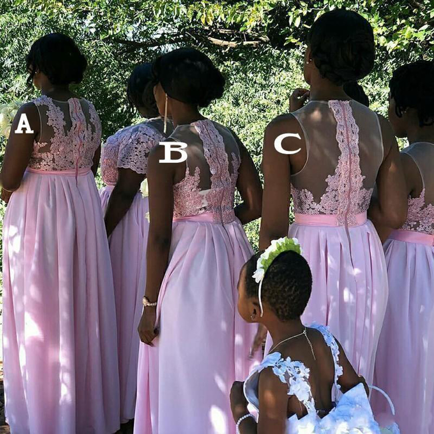 2023 New Sexy Baby Pink African Bridesmaid Dresses Jewel Neck Illusion Lace Chiffon Side Split Long Wedding Guest Gowns Maid Of Honor Dress