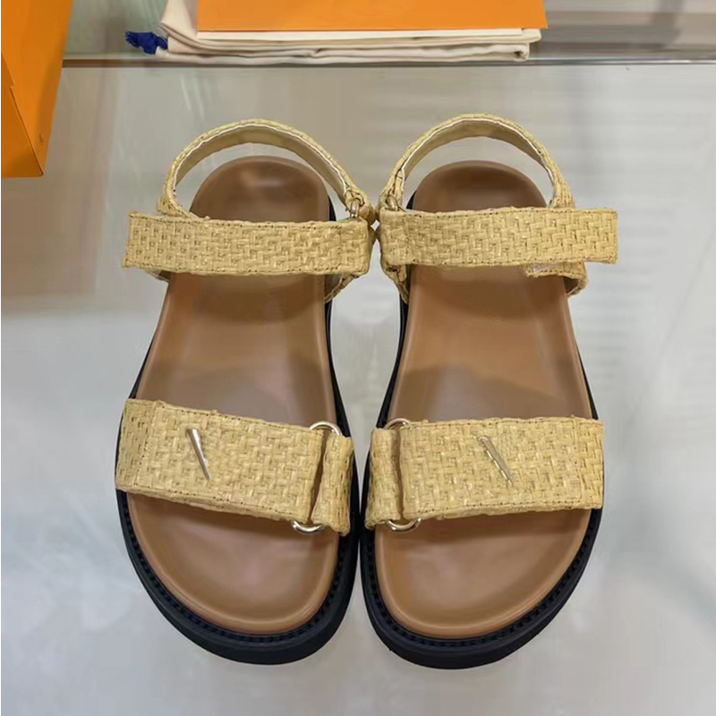 Designer sandals Cowhide Raffia grass uppers Flexible insole Women's Fashion Velcro strap lettered uppers decorated flat sandals