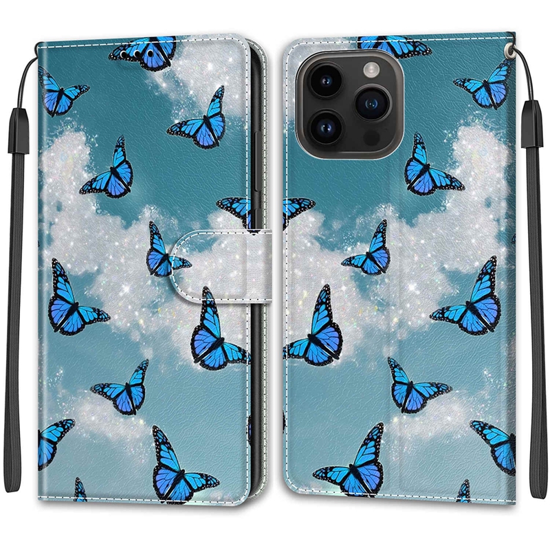 PU Leather Wallet Cases for iPhone 15 14 Plus 13 Pro Max 12 11 × 8 7 6 Scenery Rose Butterfly Sunrise Fashion Credit Card Slot Kickstand Phone Flip Cover Pouch