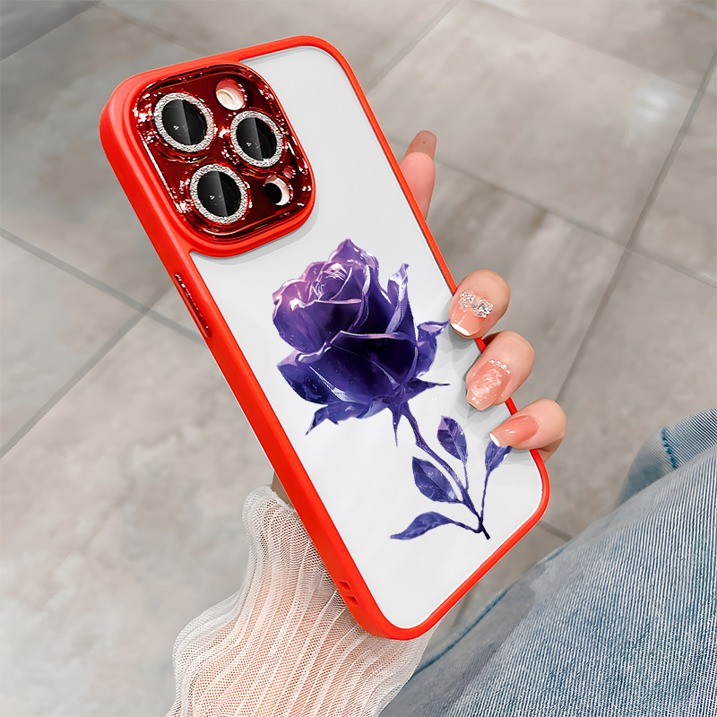 İPhone 15 14 Plus 11 12 13 PRO Max Shiny Elmas Kamera Lens Muhafazası Kırmızı Gül Çiçek Deseni HD Açık Akrilik Şok geçirmez Kapak