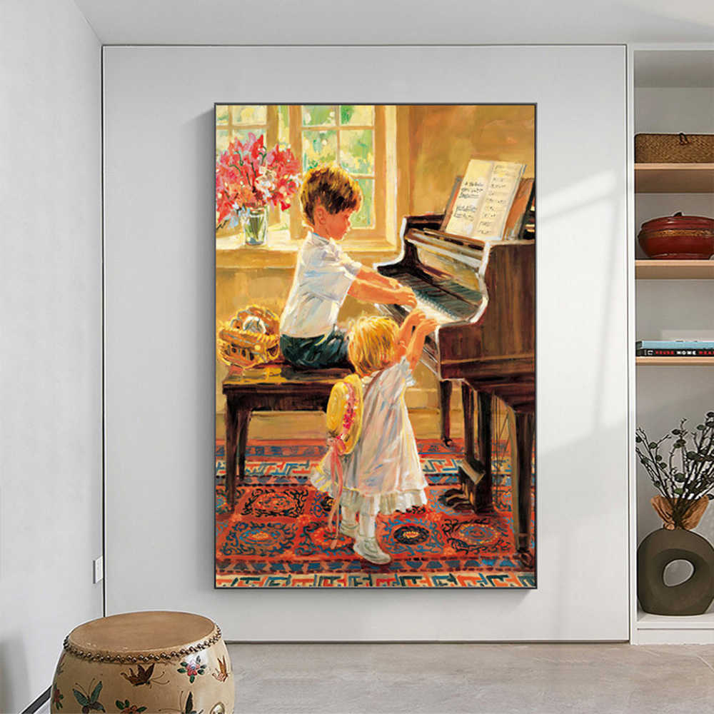 Vintage ical Wandkunst Poster Kinder, die Klavier spielen Wandbild Moderne Wohnkultur Leinwand Bilder Drucke Wohnzimmer Dekoration L230620