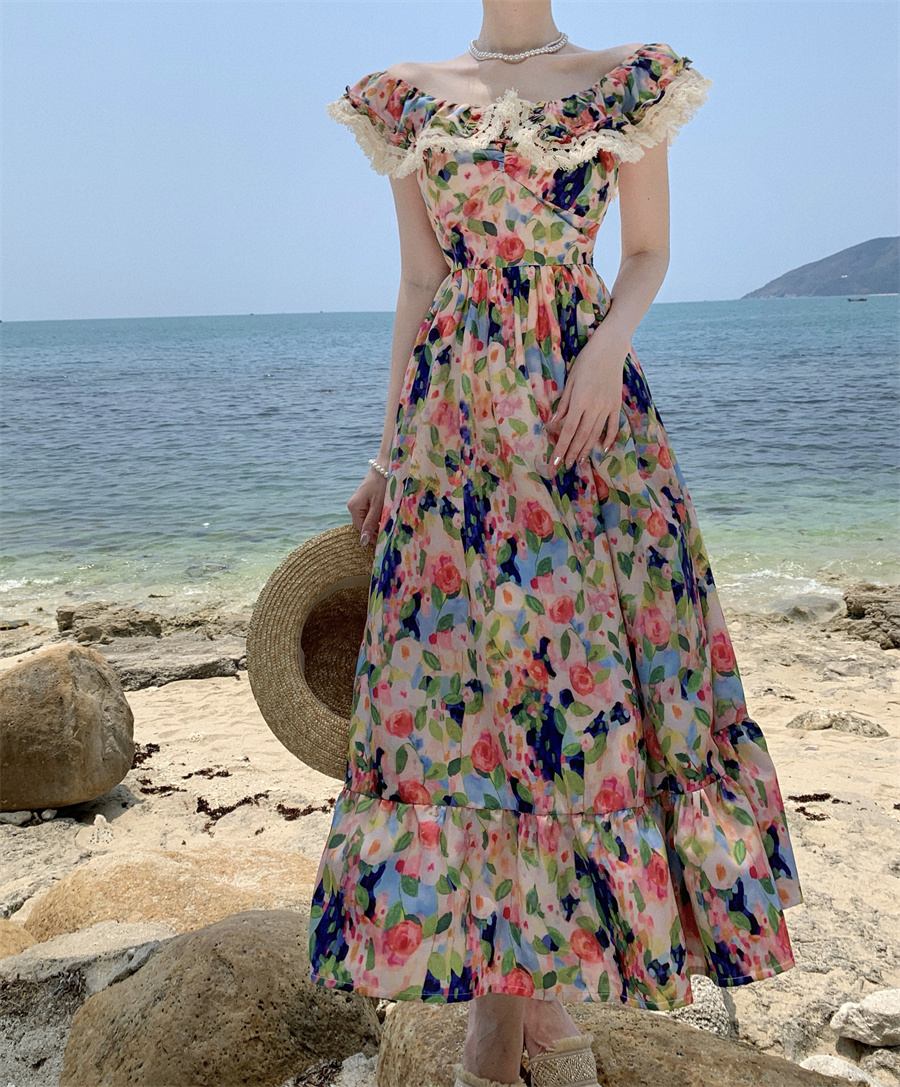 Women's beach vacation painting flowers print ruffles collar high waist maxi long dress SMLXL