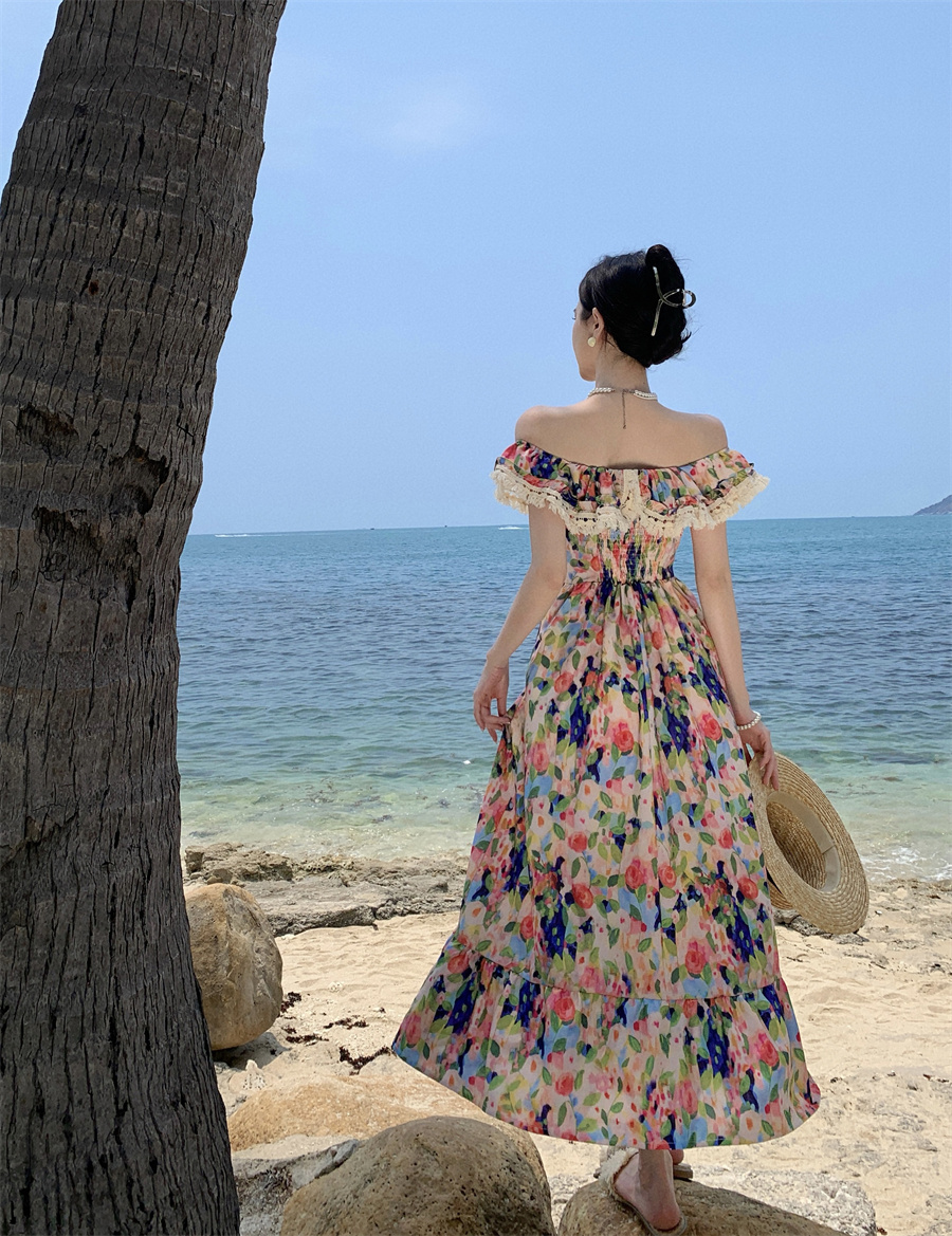 Women's beach vacation painting flowers print ruffles collar high waist maxi long dress SMLXL