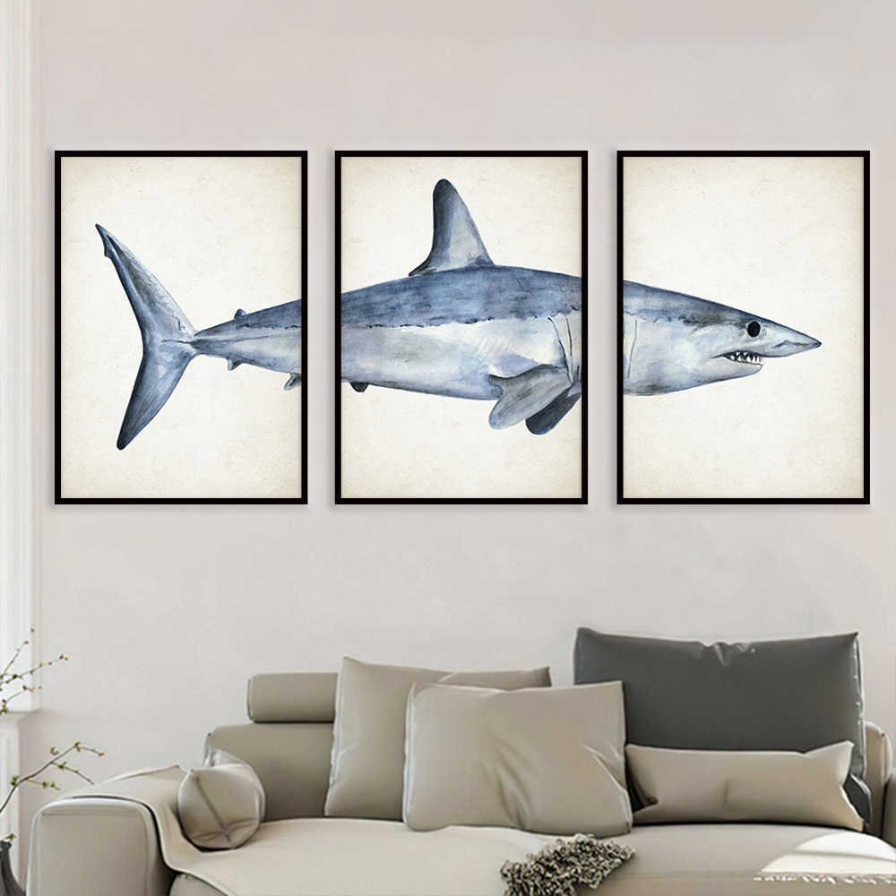 Vintage Shark and Whale Wall Art Plakat Modern Znakomity dom domowy wystrój płótna malarstwo Mural Picture Drukowanie grafiki