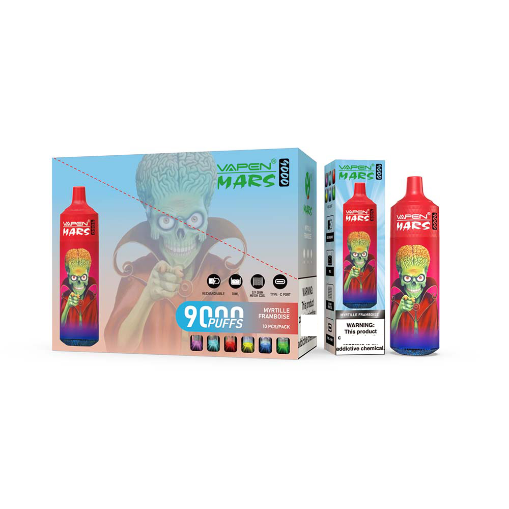 Original Vapen Mars 9000 Puffs E Cigarett Disponible Vape Airflow Control 18 ml VAPE 0/2/5% Laddningsbar 600mAh batterimesh spole RGB Light