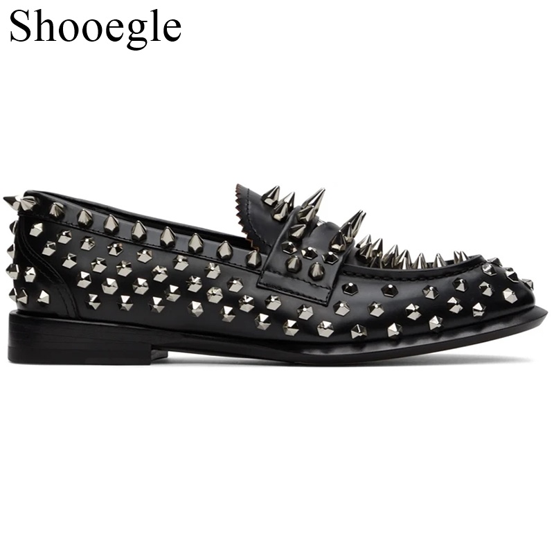 Handgemaakte Studs Spike Echt Leer Zwart Loafers Comfortabele Klinknagels Nieuwste Mode Slip-On Heren Schoenen Party Trouwschoenen