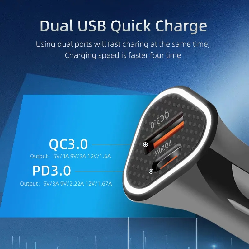 38W Dual Port QC3.0 USB -billaddare Snabbladdning Stabil Aktuell utgång 20W PD -bilar Laddare för iPhone Samsung Huawei SMART TELEFONER MED BOX