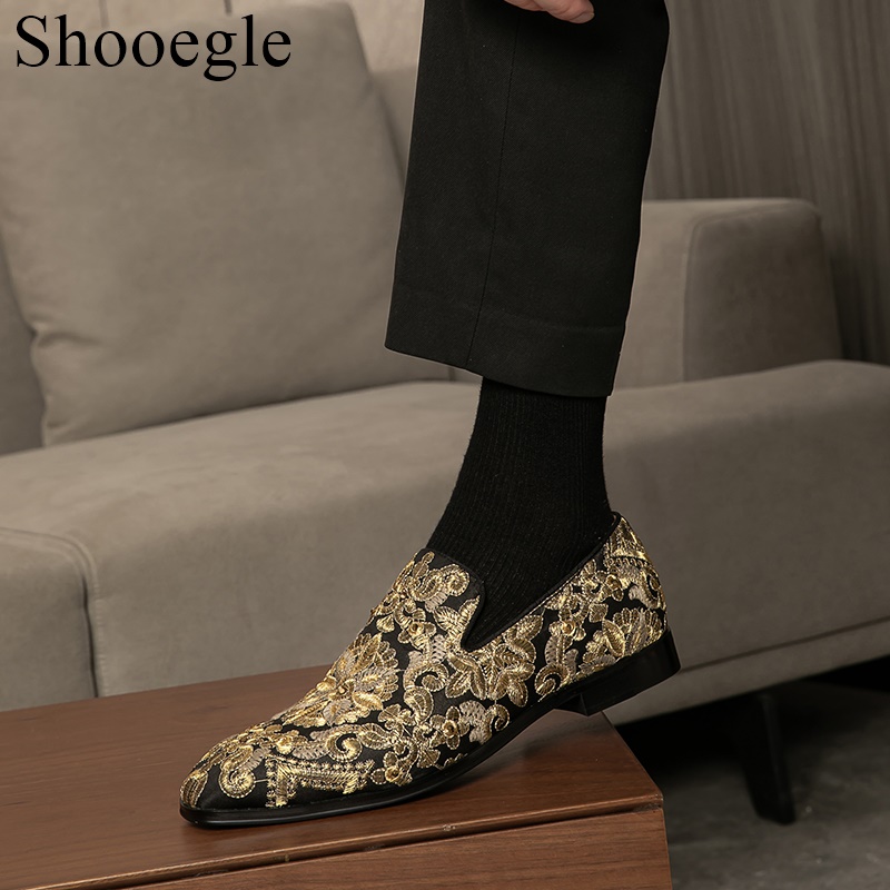 Mode Mannen Handgeborduurde Canvas Casual Schoenen Stud Crystal Gold Schoenen Borduurwerk Schoenen Comfort Mannen Loafers Bloemen Flats