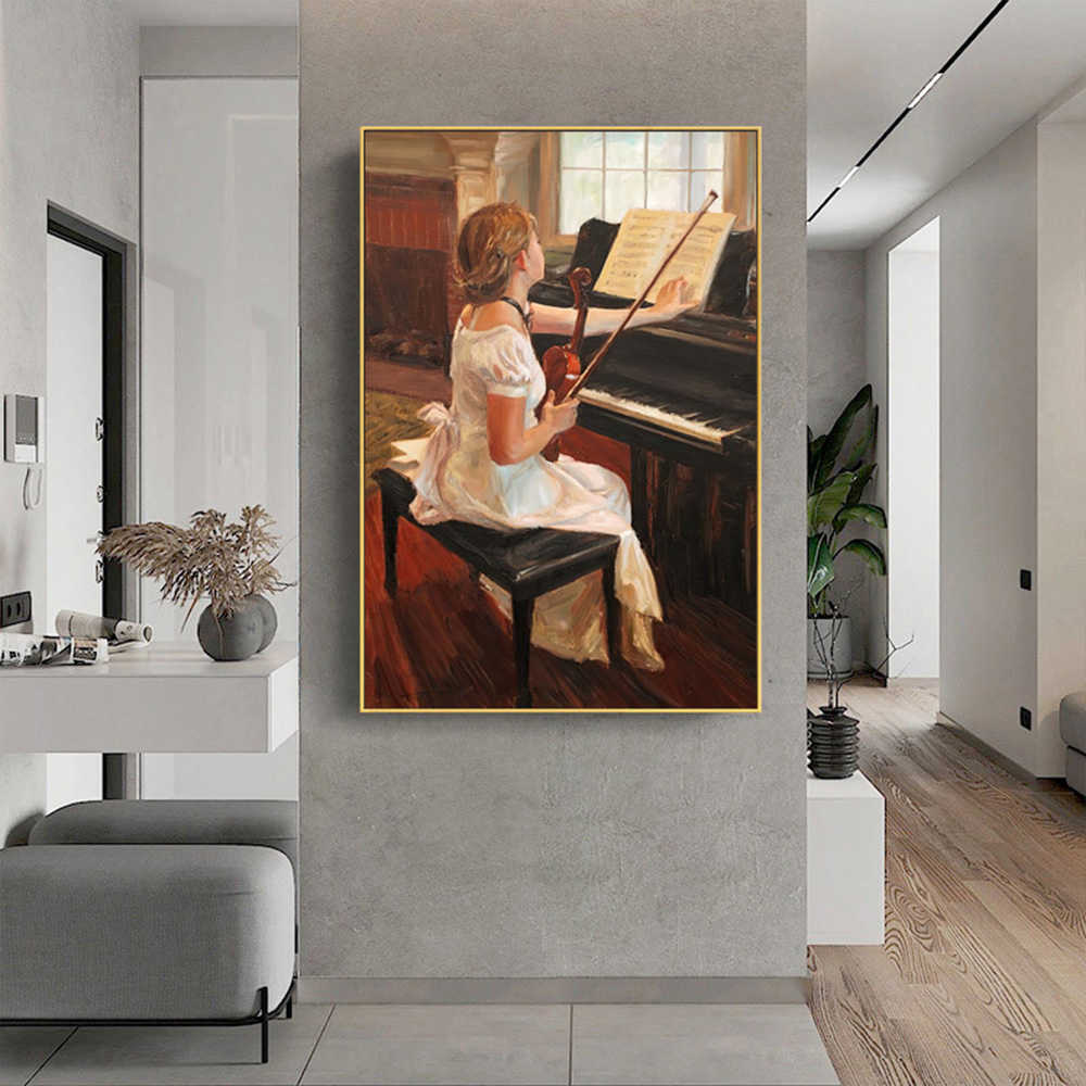 ヴィンテージアイカルウォールアートポスター子供たちはピアノ壁画モダンホームデコレーションキャンバス写真を弾くリビングルーム装飾L230620