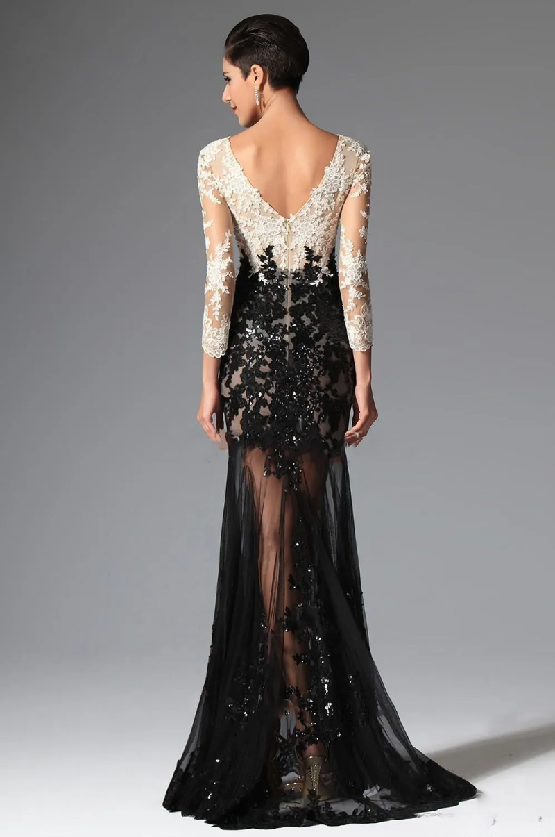 ブラックホワイトマーメイド長袖レースイブニングドレスElie Saab v Neck Syear Illusion Sopeing Sequired CelebrityPromドレスイブニングウェア