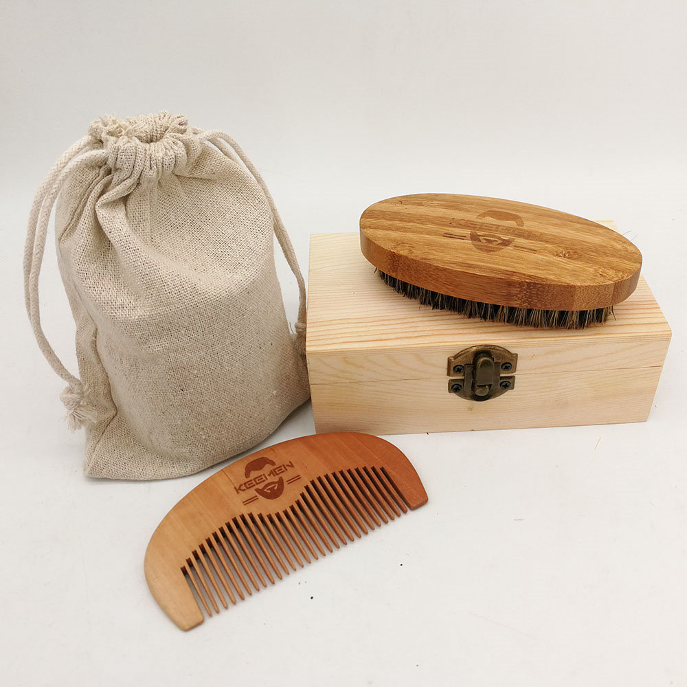 MOQ Custom LOGO Wood Combs & Bamboo Brush with Boar Bristle Beard Care Kits in Gift Box and Linen Pouch for Amazon