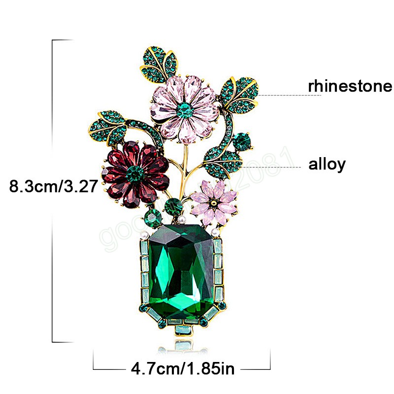 Retro Flowers Vases Brooches Women Classic Elegant Green Glass Crystal Brooches Ladies Suit Lapel Pins Accessories Party Gifts