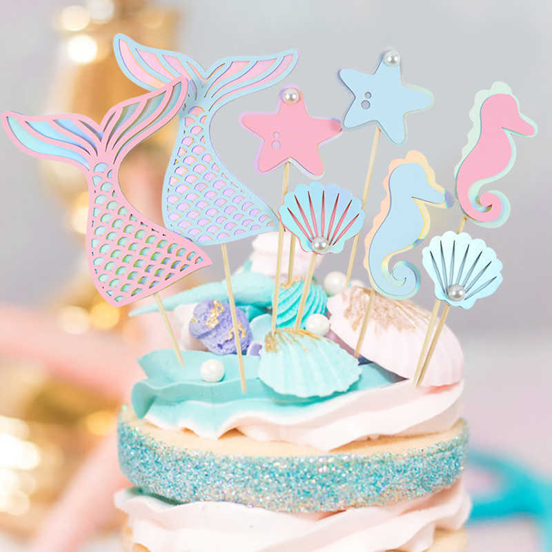 New Mermaid Tail Starfish Cake Toppers Flag Kids Birthday Party Decorations Cupcake Topper Wedding Baby Shower Supplies