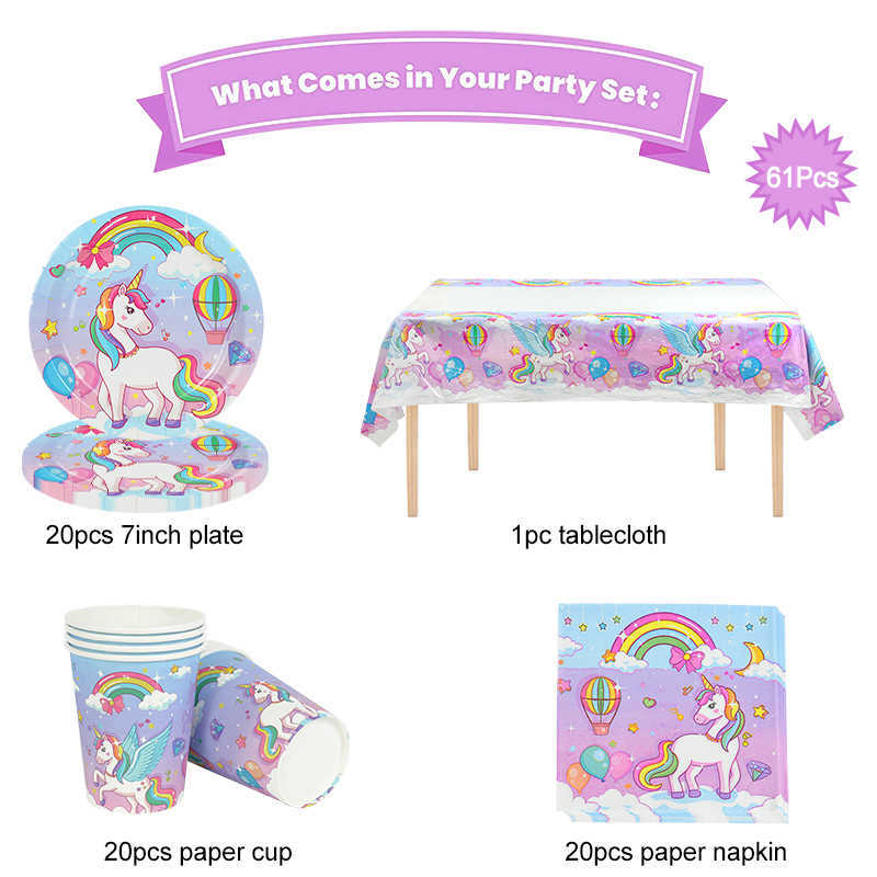 Nouveau 61 pièces/ensemble arc-en-ciel licorne vaisselle jetable assiette en papier tasse nappe filles licorne thème fête d'anniversaire décoration fournitures