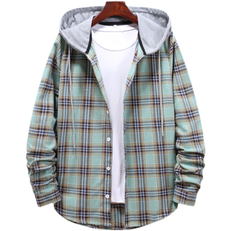 Men's Plaid long sleeve T shirt suit with hoodie 480 Grams Thick Spring Autumn all seasons wear loose Cotton Blend Stretch Durable Outdoor Coat For Men