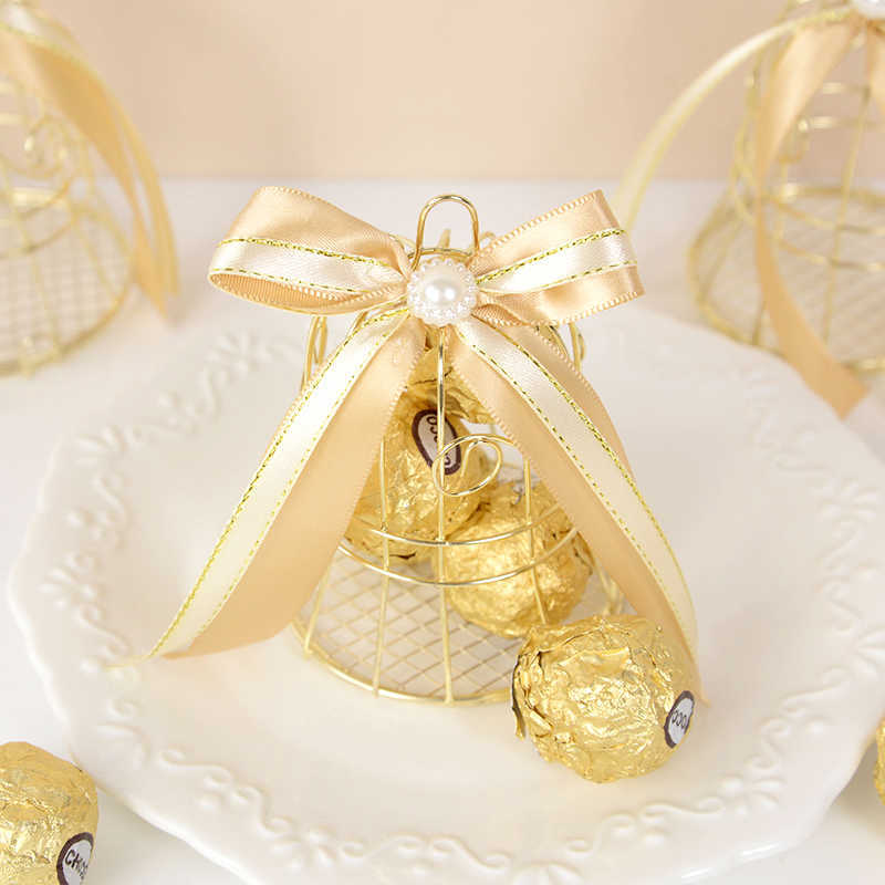 Ny 1/5st mini metall guld tinplatta fågelbur godis lådor bröllop gynnar presentförpackning för gäster födelsedagsfest dekoration baby shower