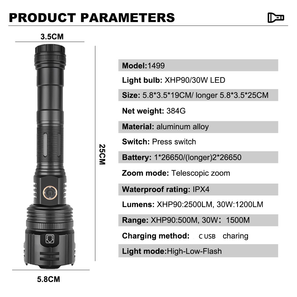 Torch LED عالي الطاقة 30W 1500 متر من مصباح يدوي طويل المدى مسافة مقاومة للماء مصابيح الصيد التكتيكية