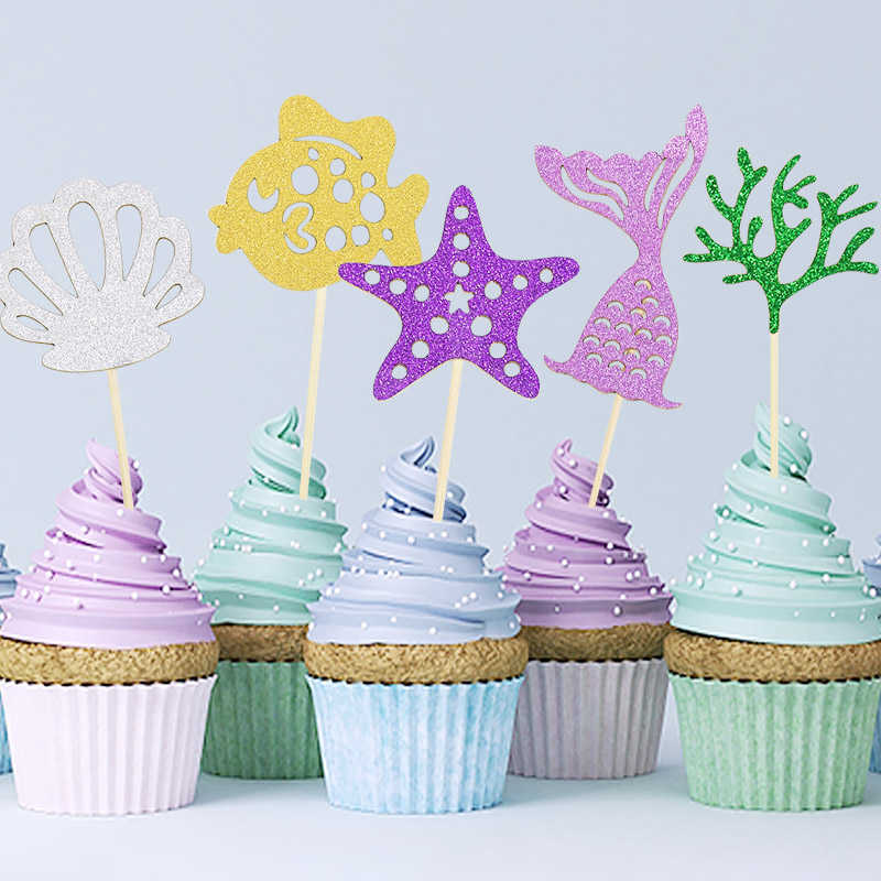 Ny sjöjungfrufest kakedekoration Glitter sjöjungfru Tail Cupcake Topper för barn sjöjungfru Tema Happy Birthday Party Decor Baby Shower