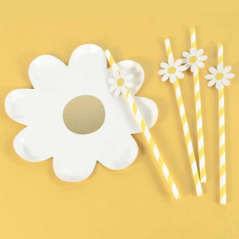 New Daisy Party Paper Plate Straws Disposable Tableware White Flower Cake Tray for Kids Birthday Decoration Baby Shower Supply
