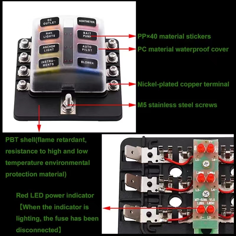 12V 24V Car Marine Boat 6 Way Blade Fuse Box Morsettiera Auto Track Fuse Holder Box Cablaggio Connettore di alimentazione Interruttore con spia LED