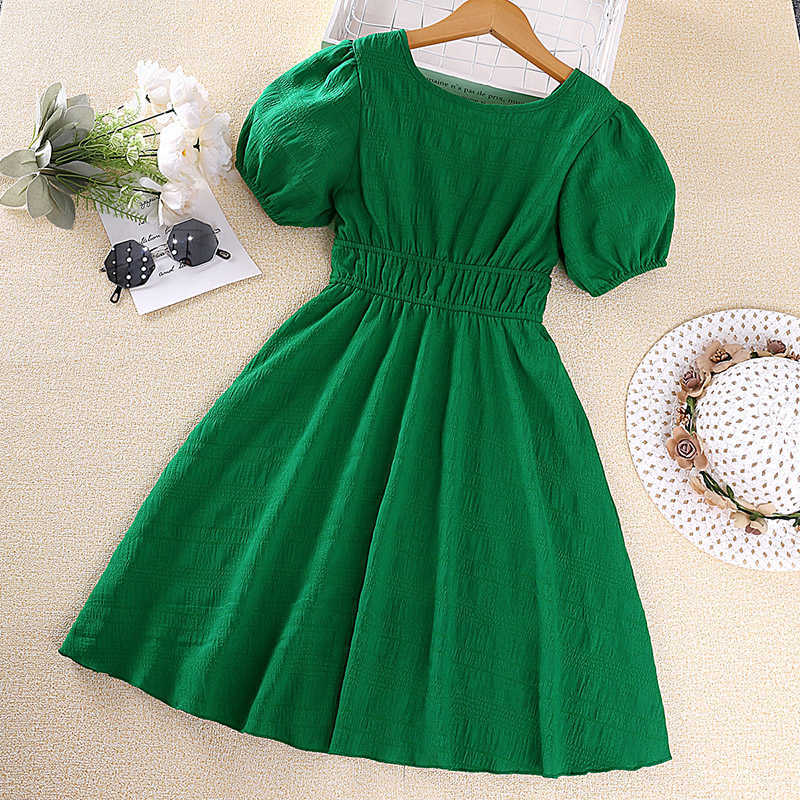 Kız Elbiseleri Çocuklar Elbise Kızlar İçin 8-12 yaşında yeşil kabarcık kolları v yaka elbise tatlı tarzı AA230531