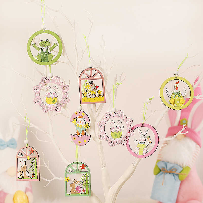 Nouveau 9 pièces/ensemble lapin de pâques pendentifs en bois suspendus peinture lapin bois artisanat bricolage décor décorations de pâques pour la maison enfants cadeau 2022