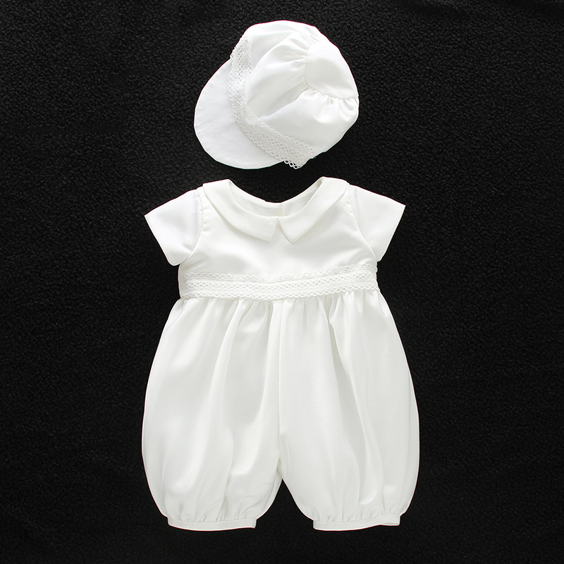 Nouveaux bébés garçons barboteuse de baptême enfants blanc longue combinaison de baptême avec chapeau formel garçons anniversaire enfant en bas âge vêtements