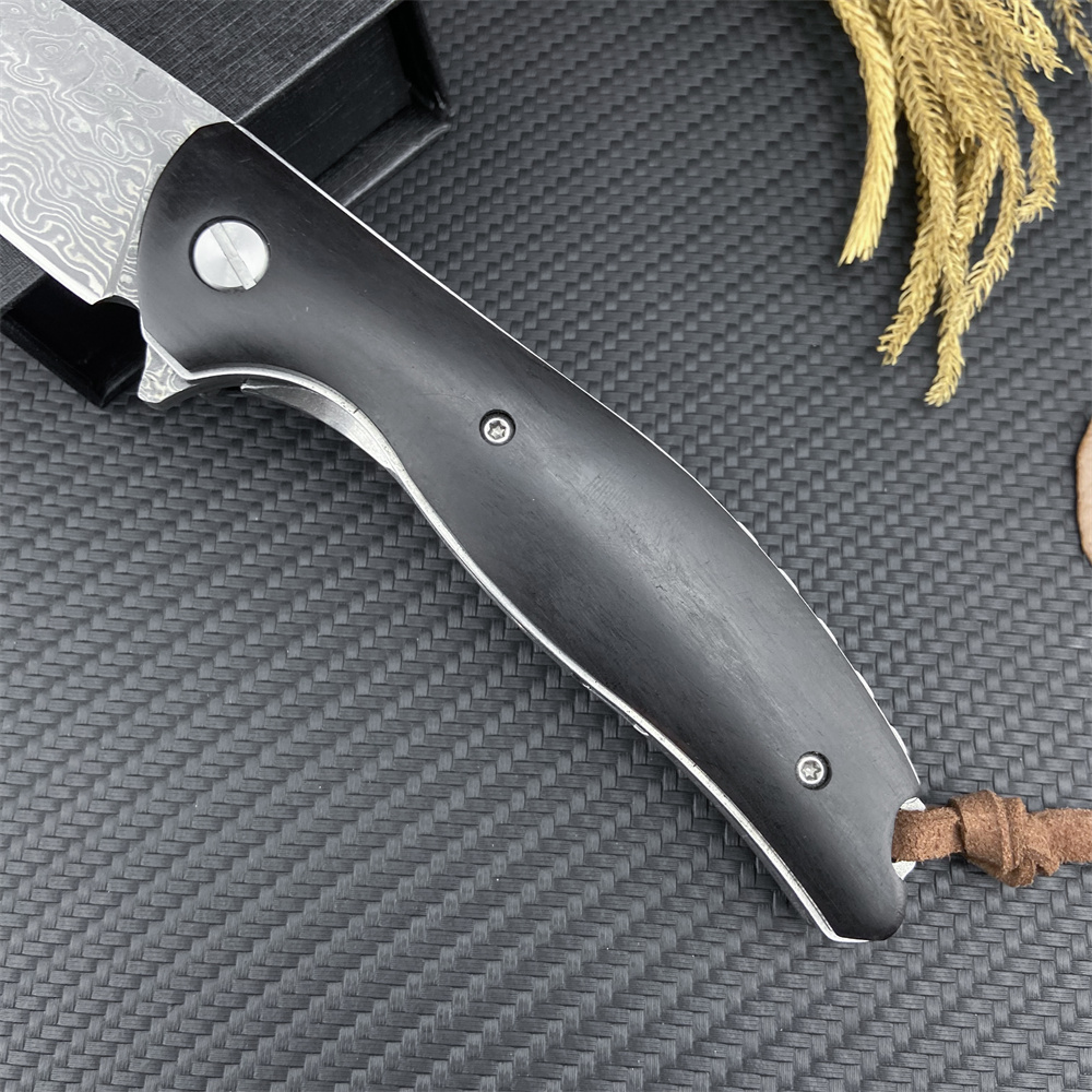 Handgefertigtes Klappmesser aus der Damaskus-Kollektion mit zarter Lederscheide, Holzgriff, klassisches Outdoor-Taschen-EDC-Messer