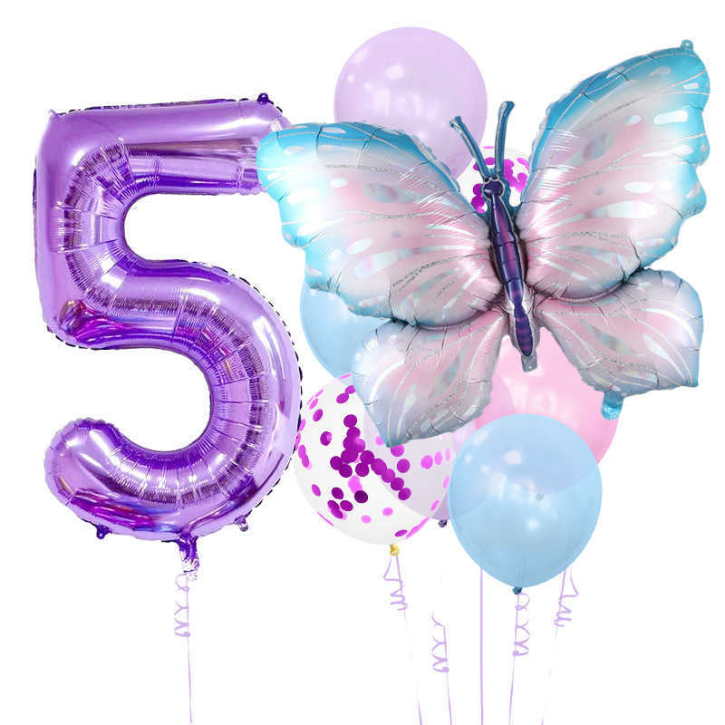 New Large Butterfly Number Foil Balloons Set 32inch Purple 0-9 Helium Ballon Kids Girl Birthday Party Decoration Baby Shower Wedding