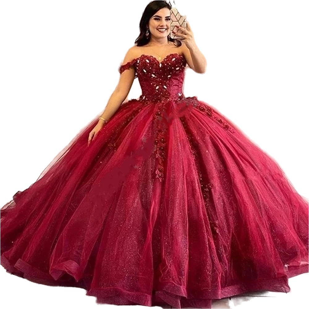 2023 Dark Red Quinceanera Dresses Lace Appliques Crystal Beads Off Shoulder Corset Back Plus Size Formal Party Prom Evening Gowns