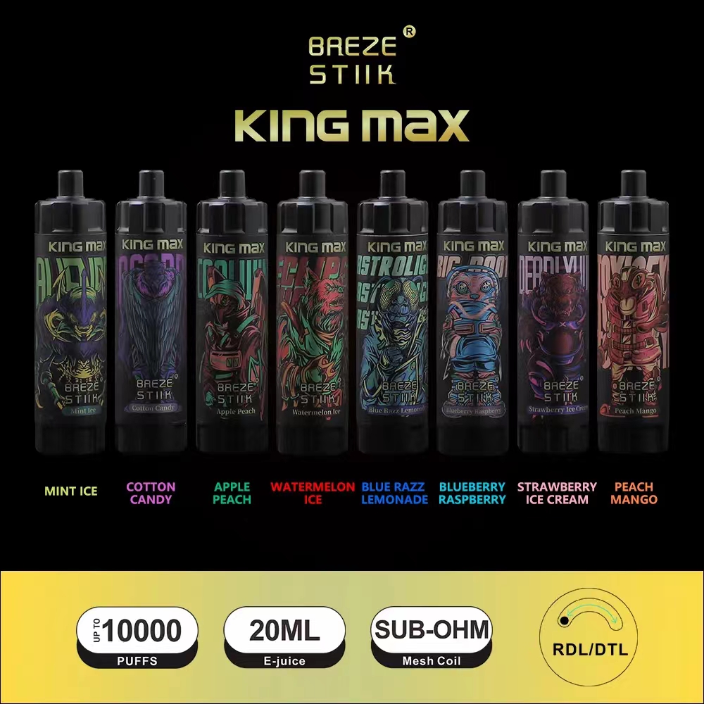 Engångsvape e Cigarett King Max 10K Puff Vapes Bar 20 ml 850mAh Uppladdningsbart batteri Förfylld 10000 puffar Justerbart luftflödesmaskspol Cartidge Vapers Randm