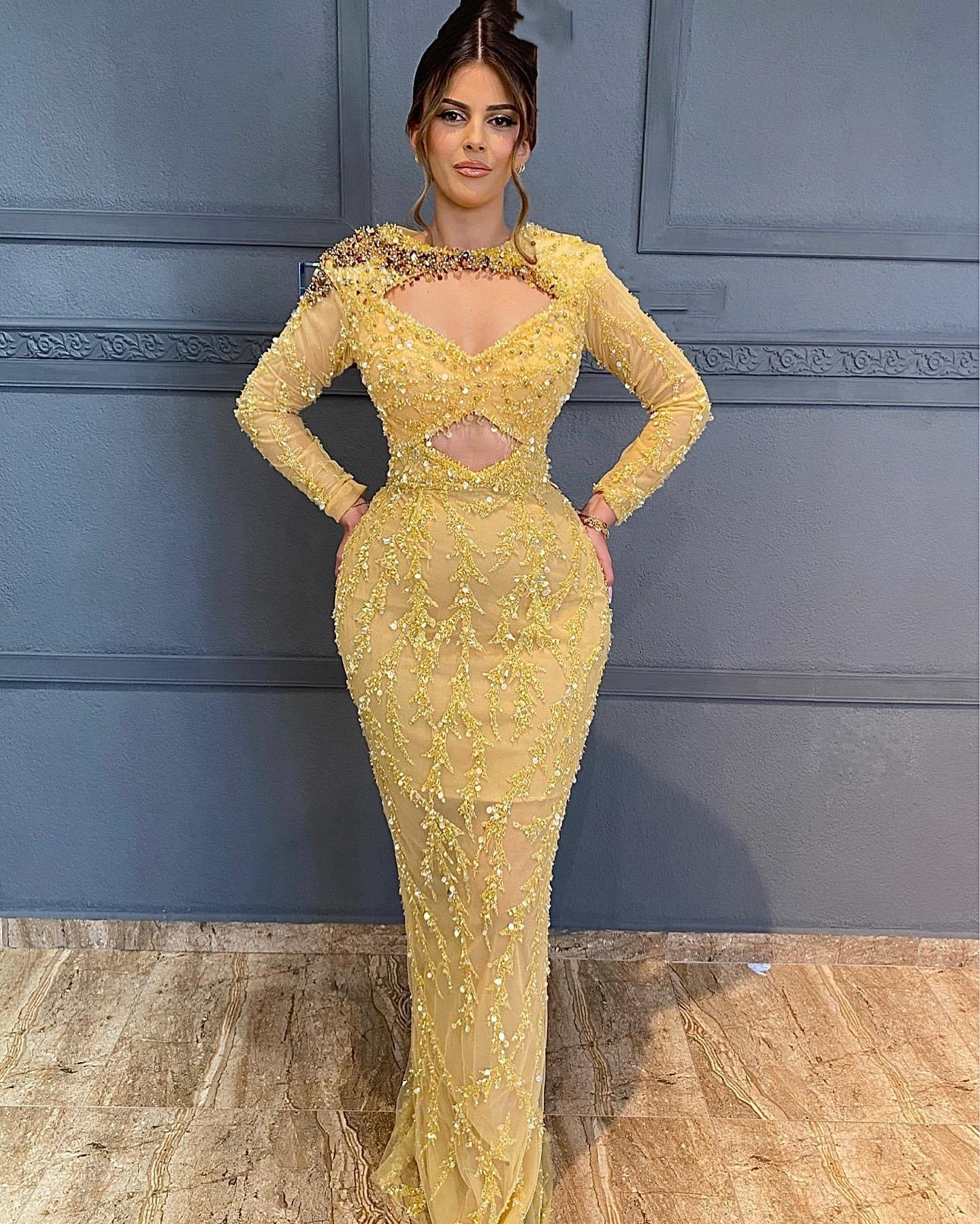 2023 Aso Ebi Gold Sheath Prom Dress Beaded Sequined Lace Evening Formal Party Second Reception Birthday Bridesmaid Engagement Gowns Dresses Robe De Soiree ZJ418