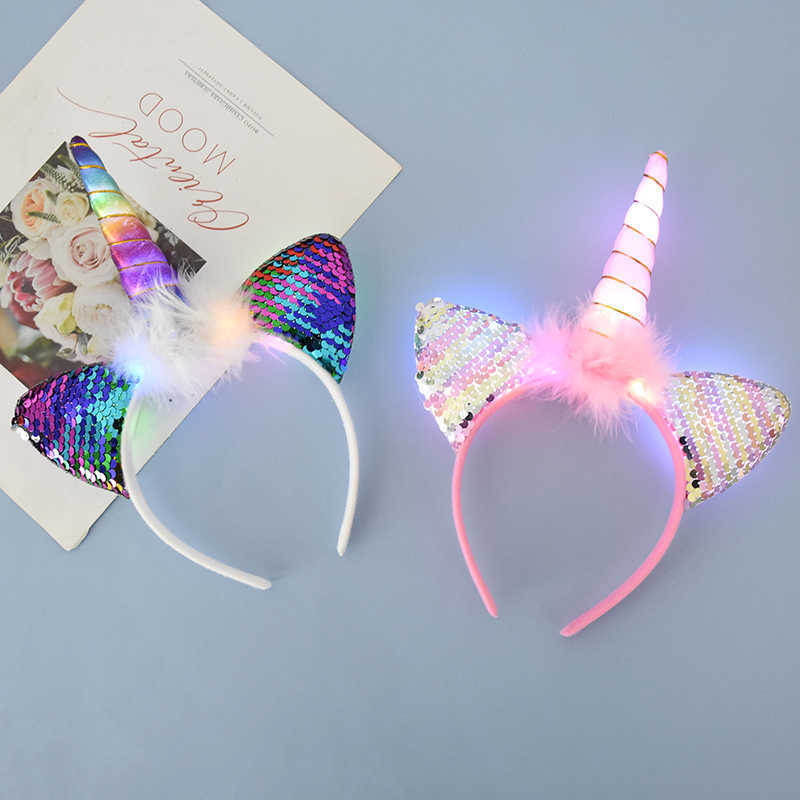 Nova faixa de cabeça de unicórnio de luz LED para crianças, meninas, aniversário, desenhos animados, acessórios de cabelo, arco-íris, tema de unicórnio, decoração de festa, suprimentos